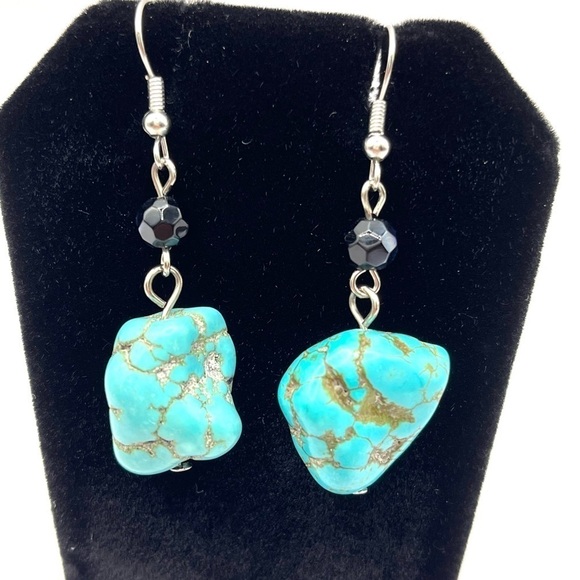 Turquoise Earrings Drop Dyed Howlite and Aurora Borealis Beads dangling pair! - Picture 2 of 11